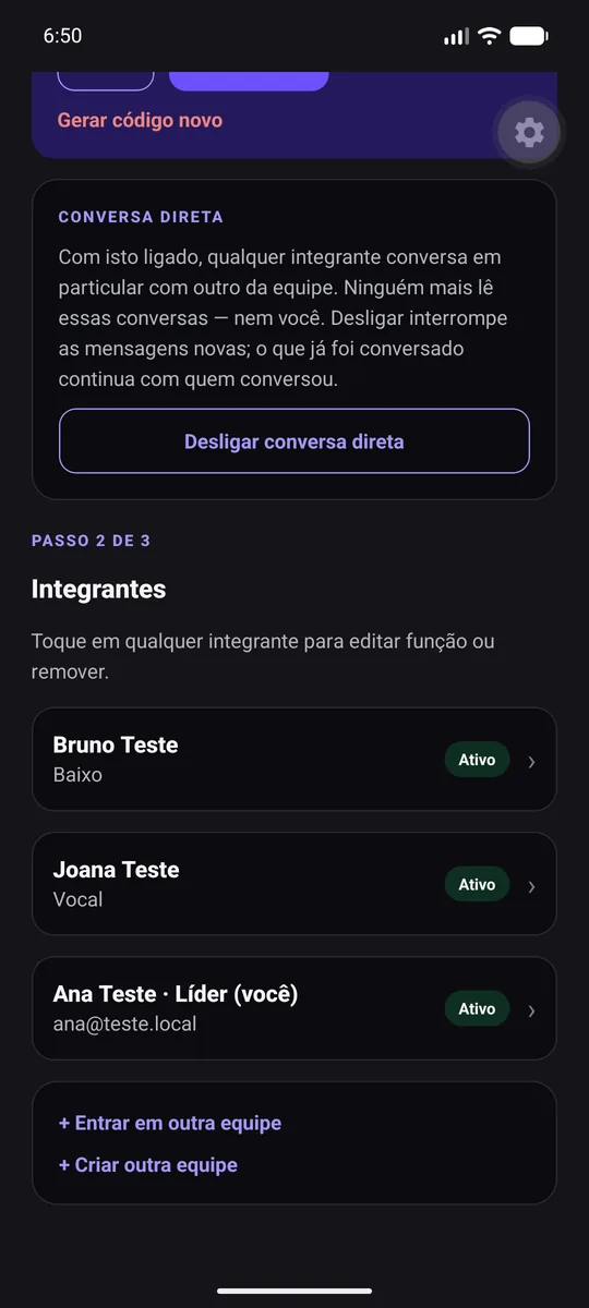 Tela da equipe: lista de integrantes com a função de cada um — baixo, vocal e liderança