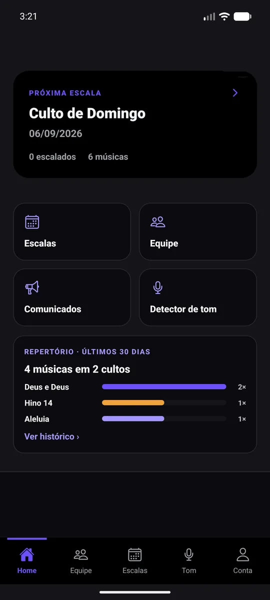 Tela inicial do app, com o cartão da próxima escala e os atalhos para escalas, equipe, comunicados e detector de tom